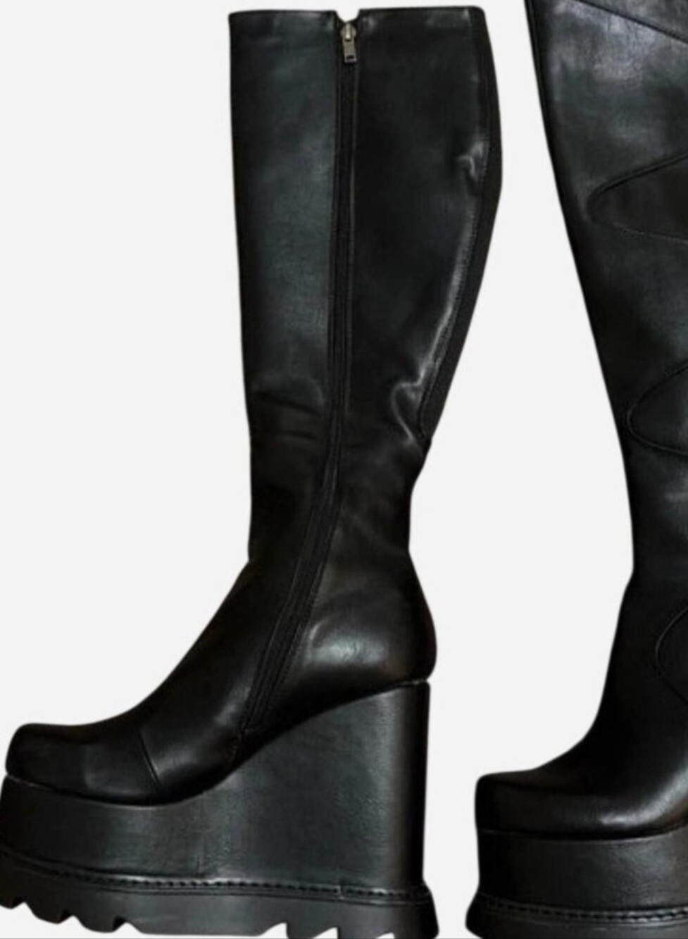 Women's Black Platform Knee-High Wedge Boots